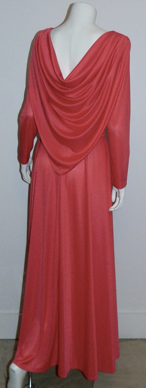 vintage 1970s jersey gown CORAL Grecian drape maxi dress Bernie Bee M L
