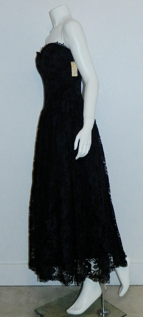 vintage 1980s strapless dress Jessica McClintock black lace dress XS S