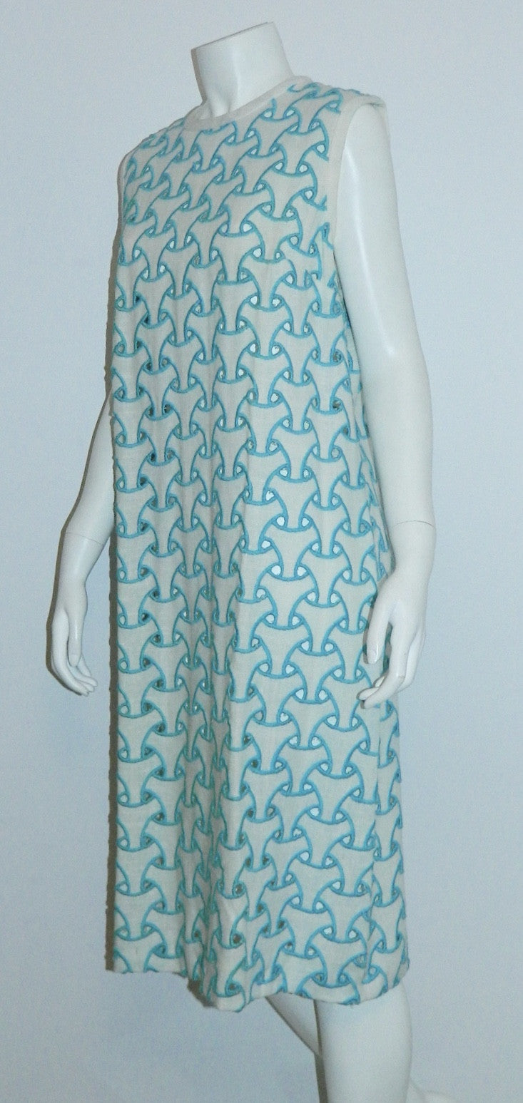 MOD vintage 1960s cut out dress L'Aiglon white sleeveless sheath / trompe l'oeil embroidery