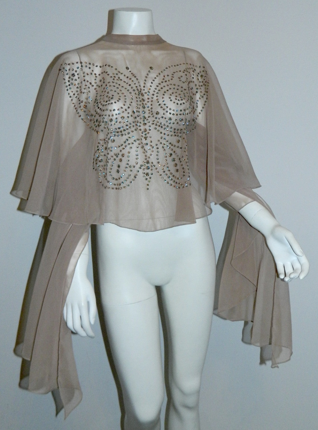 nude chiffon cape Glitter Butterfly vintage 1970s cover up capelet