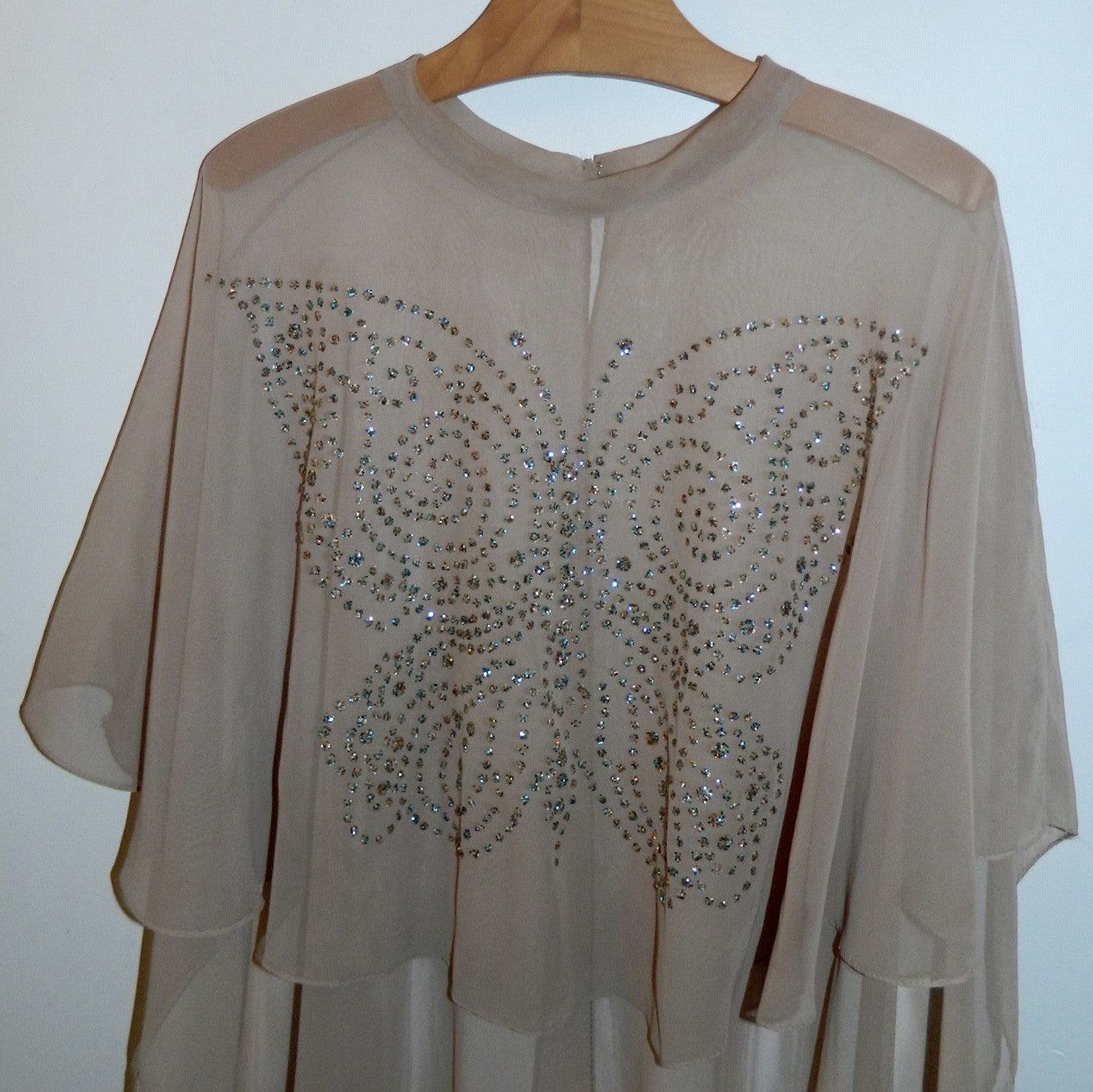 nude chiffon cape Glitter Butterfly vintage 1970s cover up capelet