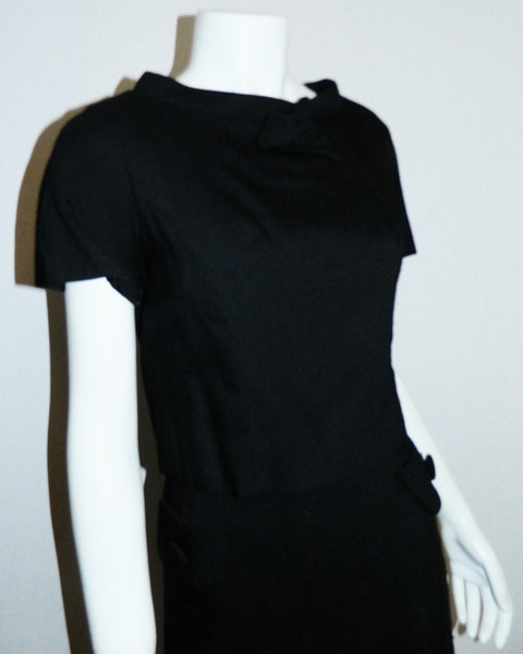 1960s black silk Abe Schrader day dress vintage bow top jacket XS