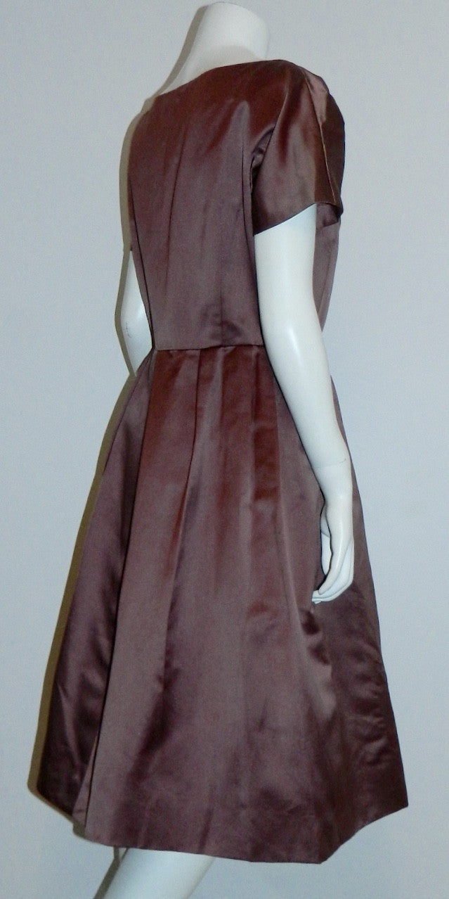 1950s silk satin party dress vintage Mildred Davis mauve 50s shirtwaist frock