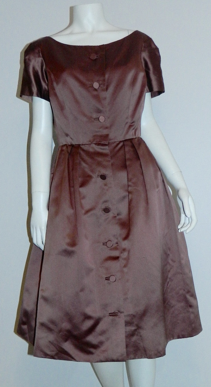 1950s silk satin party dress vintage Mildred Davis mauve 50s shirtwaist frock