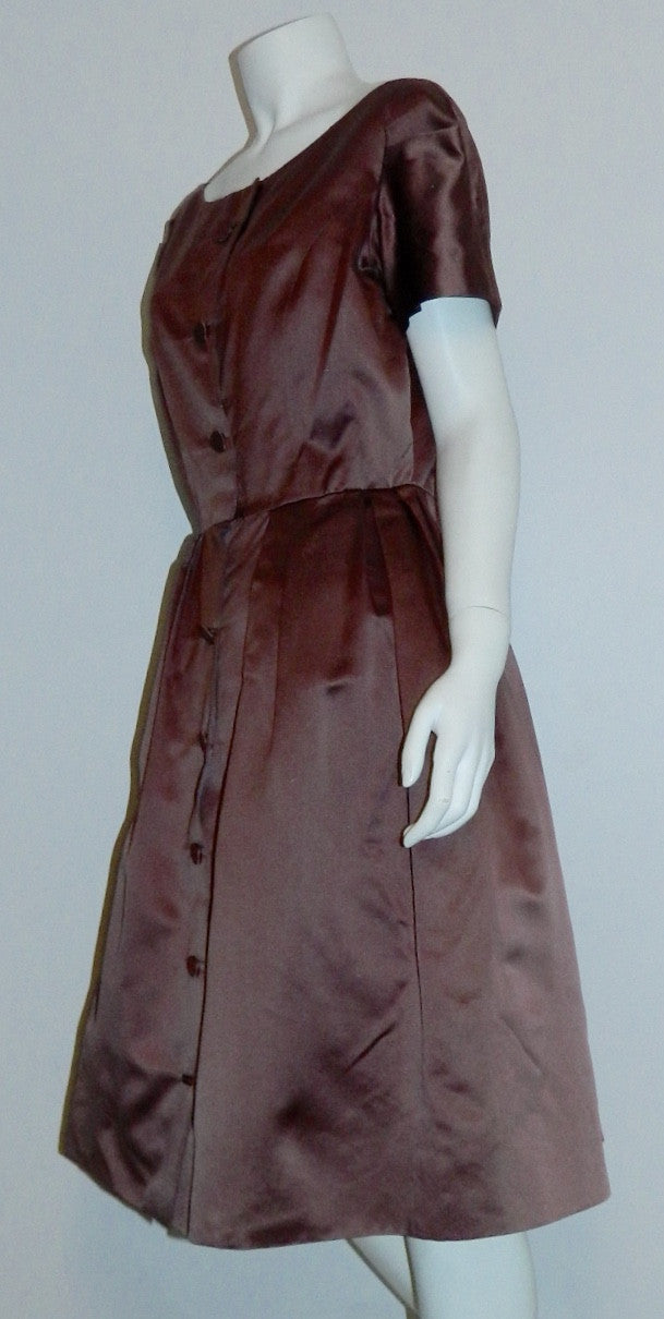 1950s silk satin party dress vintage Mildred Davis mauve 50s shirtwaist frock