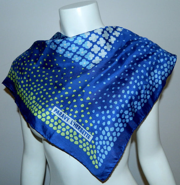 vintage 1960s silk scarf Paravy L' Herbette blue floral scarf