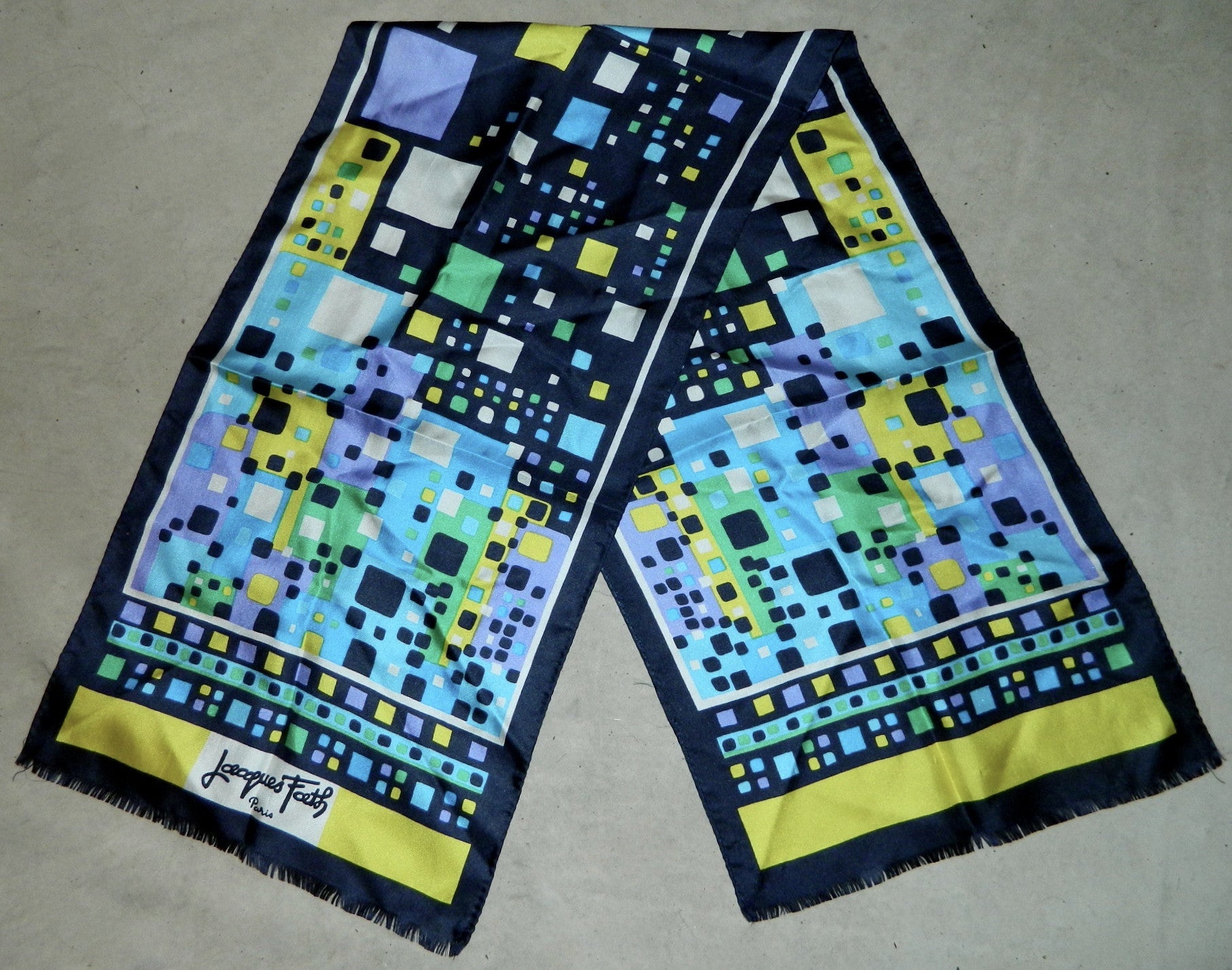 vintage 1970s scarf Mondrian squares Jacques Fath blue silk tuxedo scarf