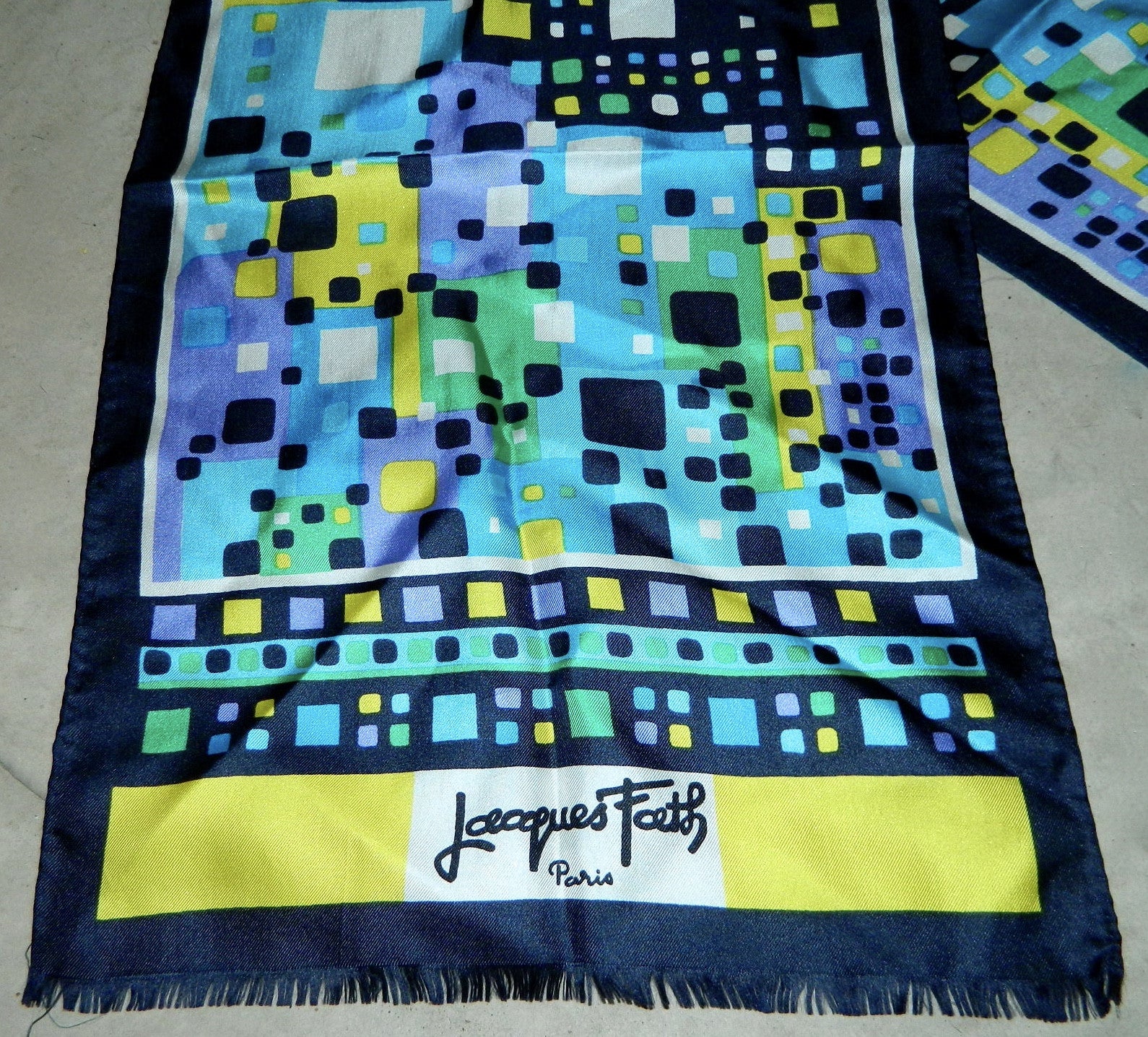 vintage 1970s scarf Mondrian squares Jacques Fath blue silk tuxedo scarf