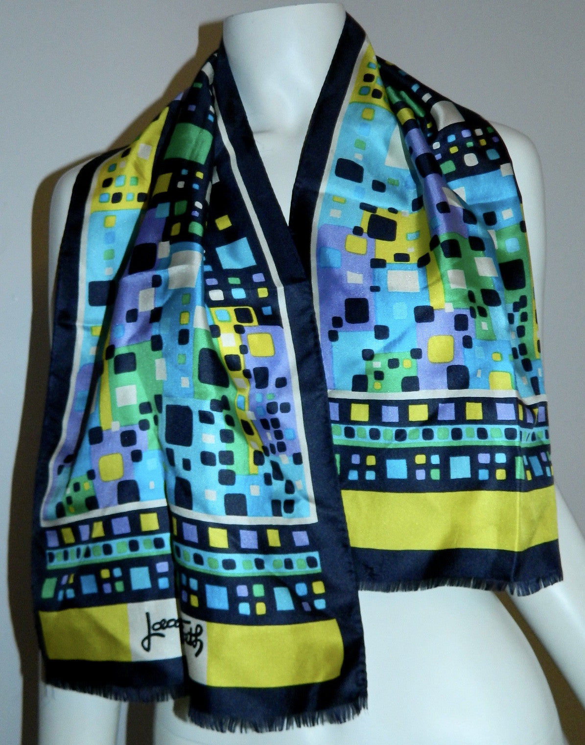 vintage 1970s scarf Mondrian squares Jacques Fath blue silk tuxedo scarf