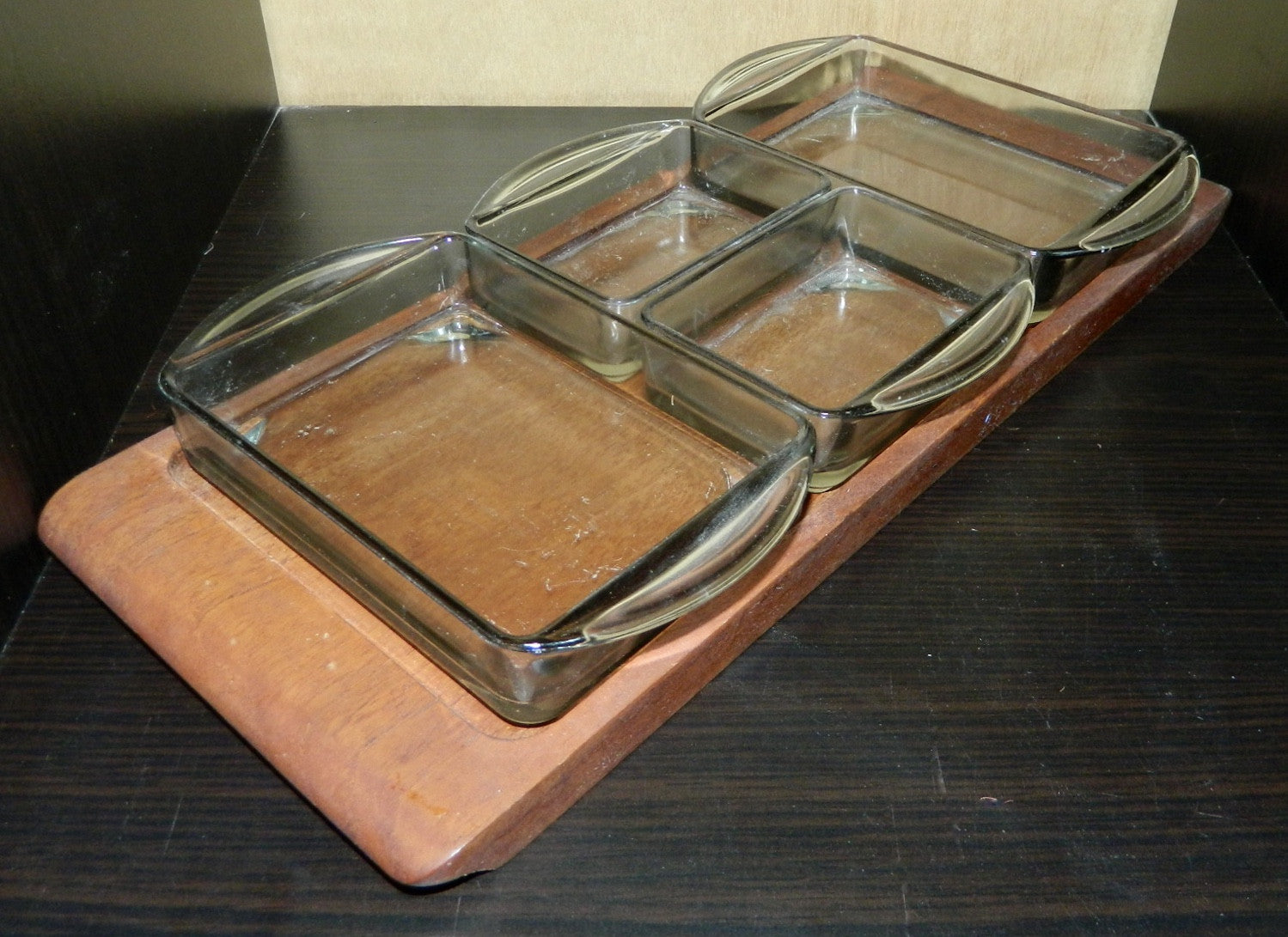 Danish Modern teak tray bowls Laur Jensen Denmark vintage 60s MCM