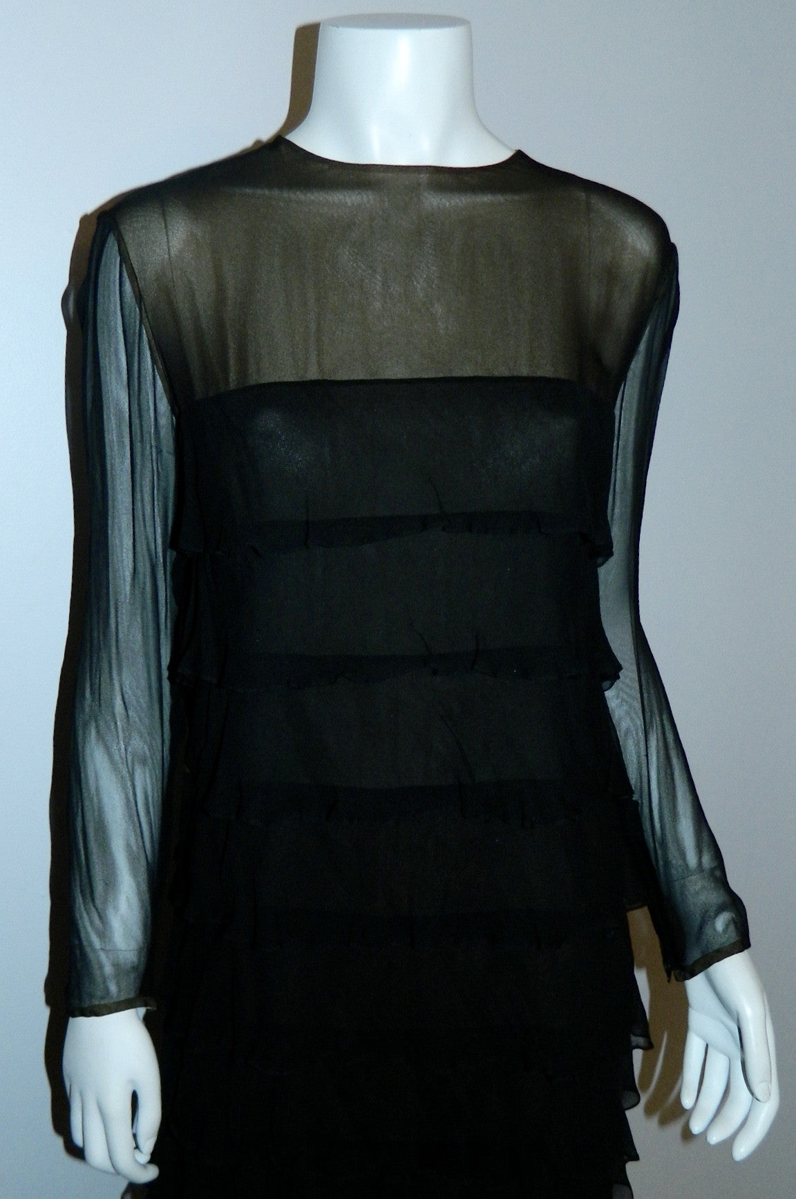 vintage 1960s Pauline Trigere black dress - silk chiffon nude illusion tiered ruffle cocktail frock S