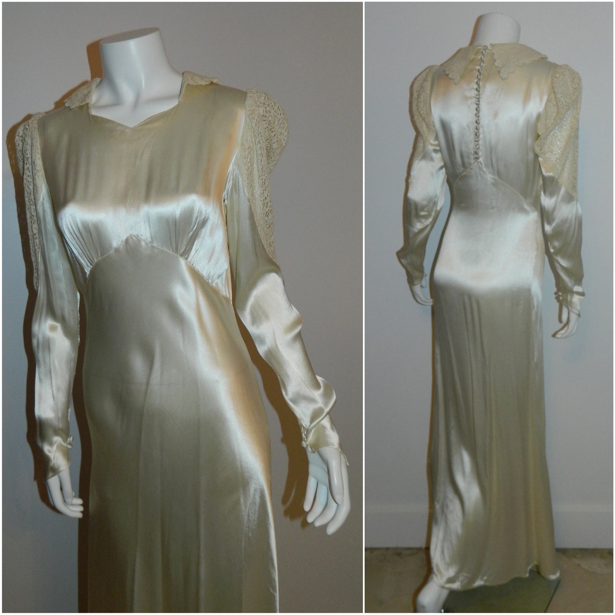 Art Deco silk satin wedding gown 1930s bias cut ivory button back dress lace sleeves XS