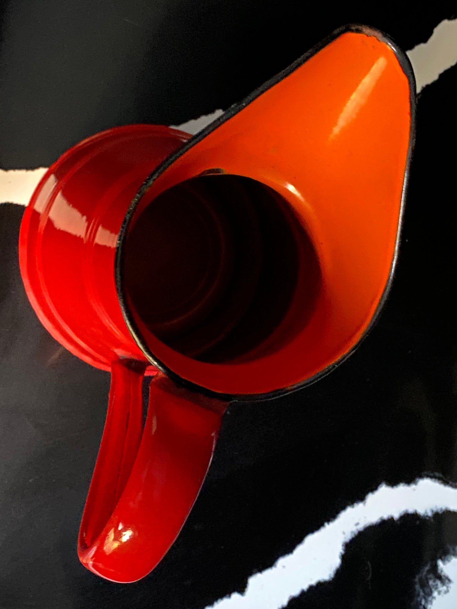 1950s red enamel pitcher Huta Silesia Made in Poland orange interior POLISH MCM