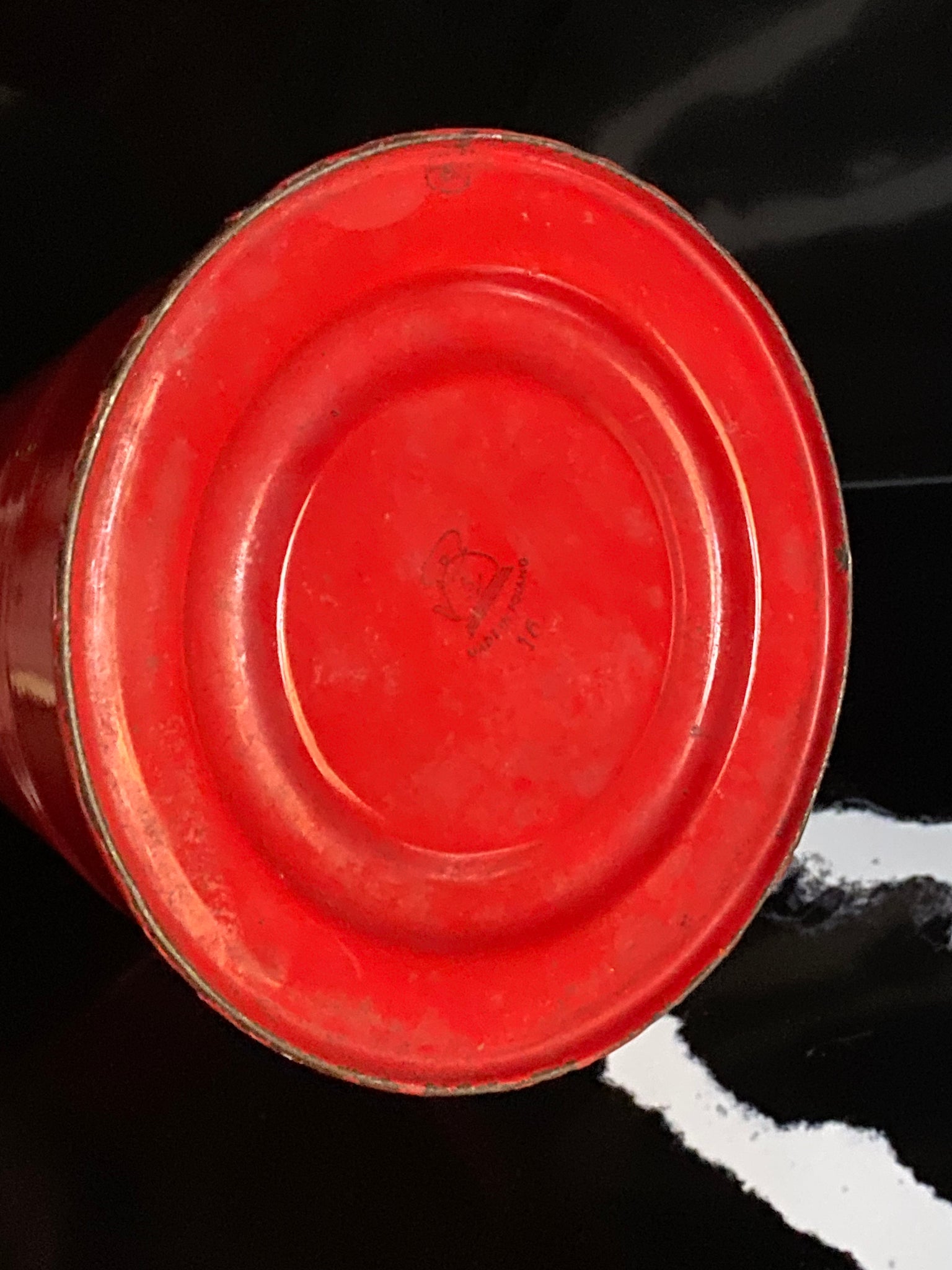 1950s red enamel pitcher Huta Silesia Made in Poland orange interior POLISH MCM