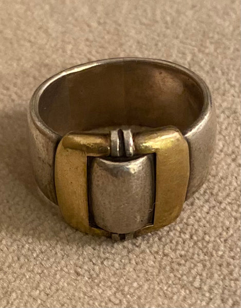 vintage GUCCI ring Sterling Silver Gold buckle motif 1960s tank ring cigar band fine jewelry