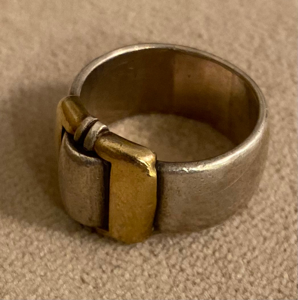 vintage GUCCI ring Sterling Silver Gold buckle motif 1960s tank ring cigar band fine jewelry