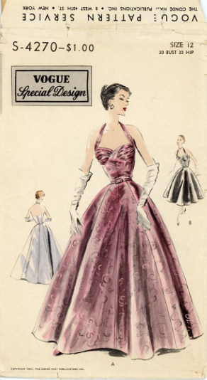 vintage 1950s metallic brocade evening gown / VOGUE Special Design pattern S 4270 / halter dress XS