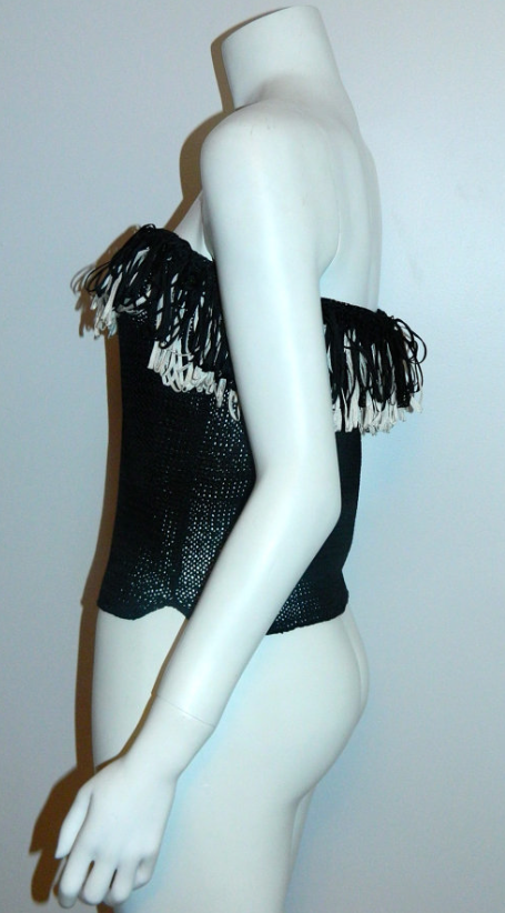 vintage 1980s black tube top Jennifer George Sweaters woven rayon knit shirt / fringe edge