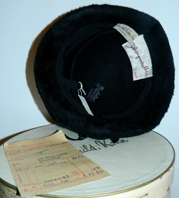 vintage SCHIAPARELLI hat / black wool 1950s pillbox fur halo hat in box receipt original tag