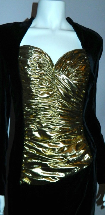 vintage 1980s Vicky Tiel dress black velvet cocktail dress gold bustier S