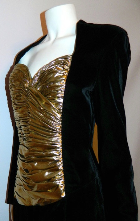 vintage 1980s Vicky Tiel dress black velvet cocktail dress gold bustier S