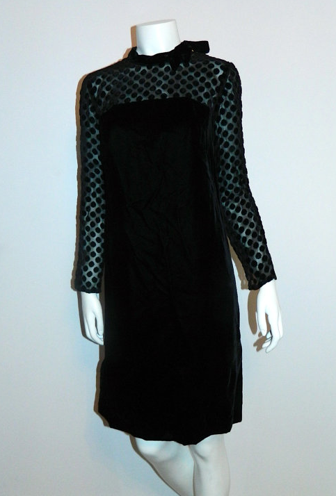 vintage 1960s mini dress MOD black velvet dress sheer sleeves Swiss dot XS