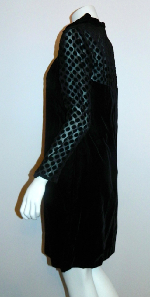 vintage 1960s mini dress MOD black velvet dress sheer sleeves Swiss dot XS