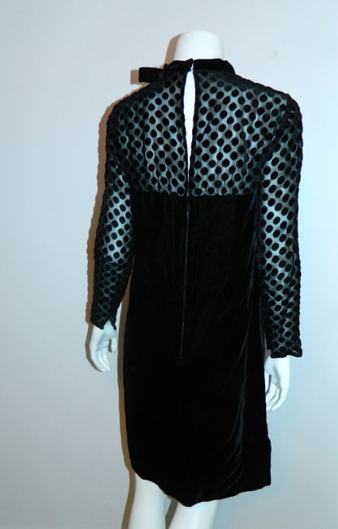 vintage 1960s mini dress MOD black velvet dress sheer sleeves Swiss dot XS