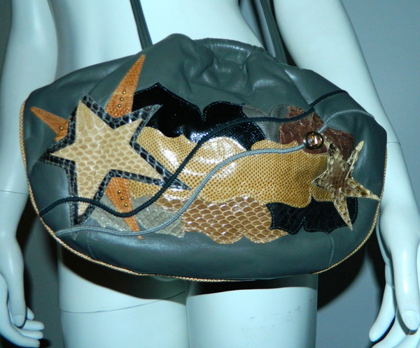 vintage 1980s gray leather clutch bag Carlo Fiori patchwork python cross body purse