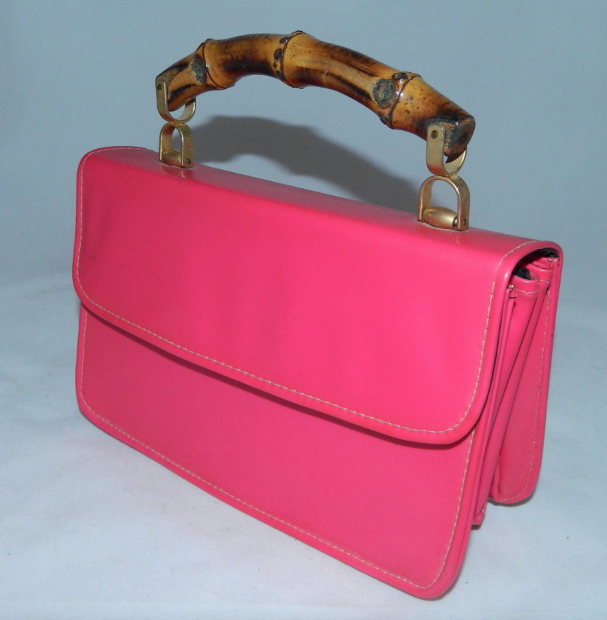 vintage 1960s hot pink patent leather purse Bamboo handle handbag