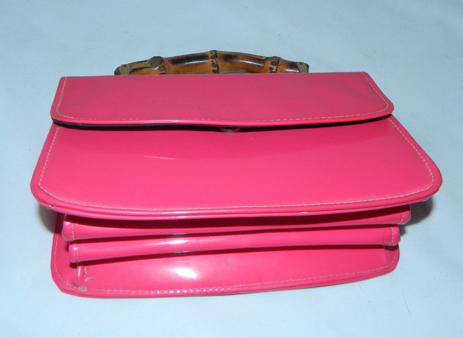 vintage 1960s hot pink patent leather purse Bamboo handle handbag