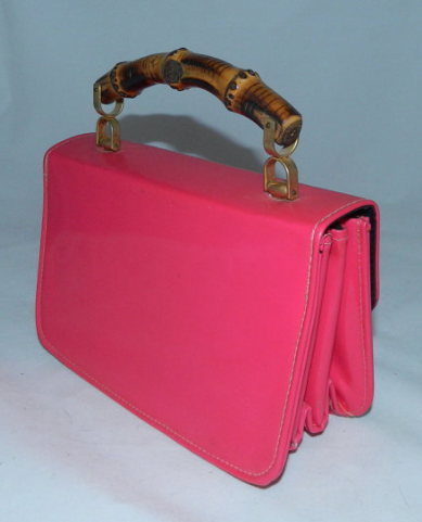 vintage 1960s hot pink patent leather purse Bamboo handle handbag
