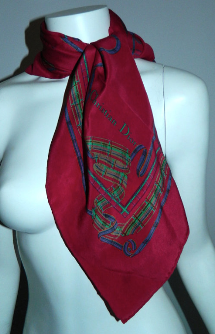 vintage 1980s silk scarf Christian Dior magenta ribbon print square scarf