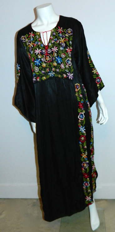 1940s vintage black EMBROIDERED caftan rayon satin gown OS
