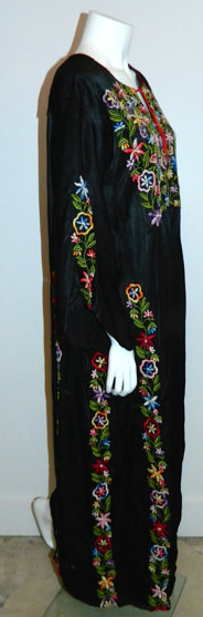 1940s vintage black EMBROIDERED caftan rayon satin gown OS