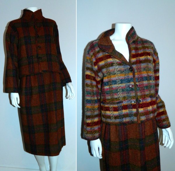 vintage 1980s MISSONI wool plaid suit / striped tweed jacket wrap skirt 42 / US S - M