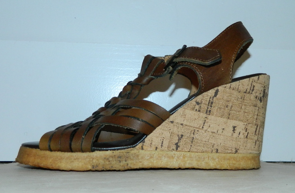 vintage 1970s cork wedges sandals brown WOVEN leather 7 - 7.5 Pietros