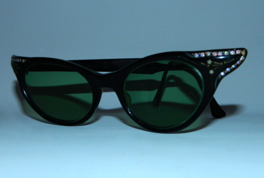 SPEXX Eyewear Vintage 60s Cat Eye Sunglasses - Black Frame, Hematite Crystals, Handmade, UV400