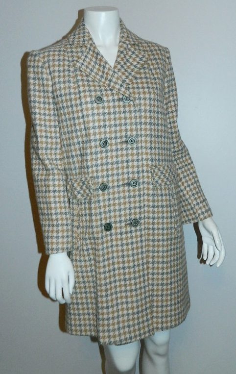 vintage 1960s plaid peacoat MOD wool coat gray camel Houndstooth S - M