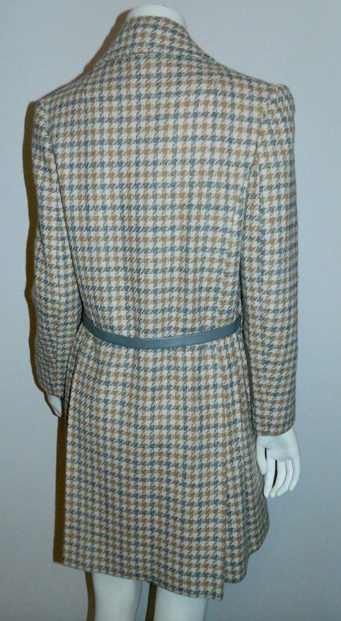 vintage 1960s plaid peacoat MOD wool coat gray camel Houndstooth S - M