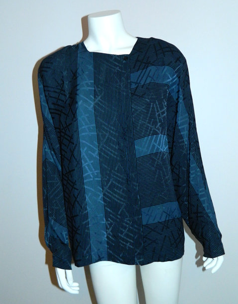 vintage 1980s Christian Dior silk blouse blue black ABSTRACT print top M