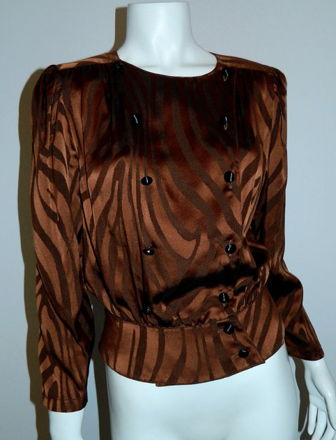 vintage 1980s tiger stripe shirt copper Louis Feraud silk blouse peplum top XS / S