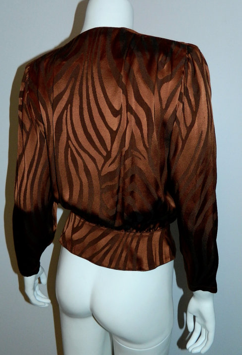 vintage 1980s tiger stripe shirt copper Louis Feraud silk blouse peplum top XS / S