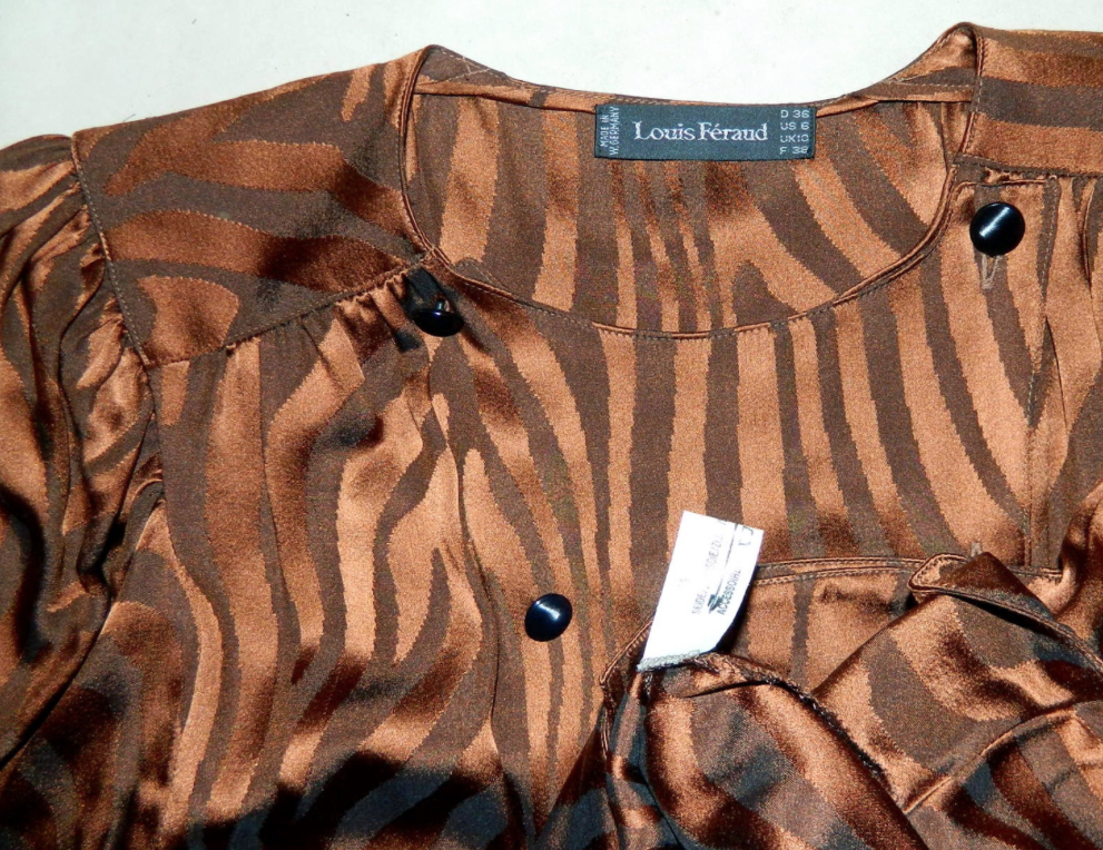 vintage 1980s tiger stripe shirt copper Louis Feraud silk blouse peplum top XS / S