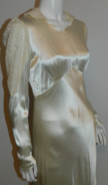 Art Deco silk satin wedding gown 1930s bias cut ivory button back dress lace sleeves XS
