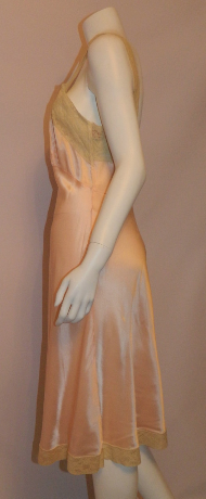 vintage bias cut nightgown 1950s pink Fischer slip gown rayon satin lace 36