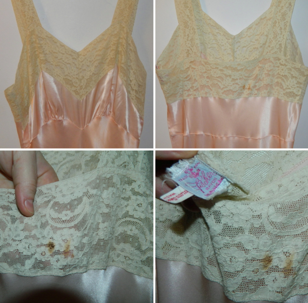 vintage bias cut nightgown 1950s pink Fischer slip gown rayon satin lace 36