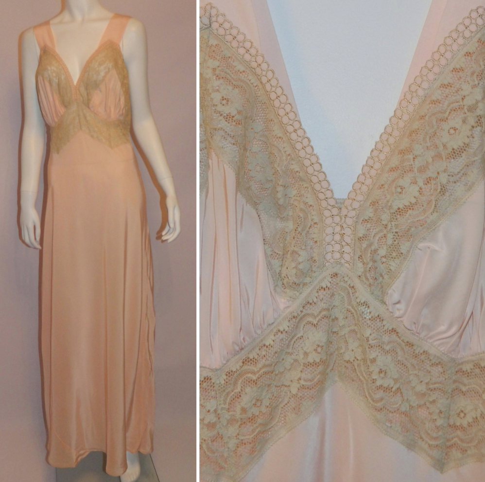 vintage 1940s Rhythm Lingerie long slip pink Deco bias cut rayon gown 36