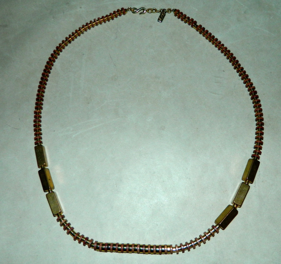 vintage 1980s necklace Yves Saint Laurent brass wood geometric YSL jewelry