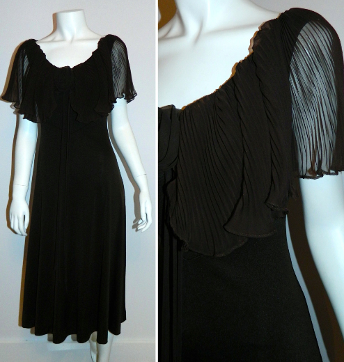 vintage 1970s brown dress Miss Elliette pleated capelet Disco gown XS - S